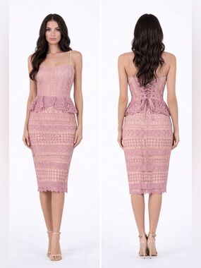 Lace Peplum Pencil Dress in Dusty Pink
